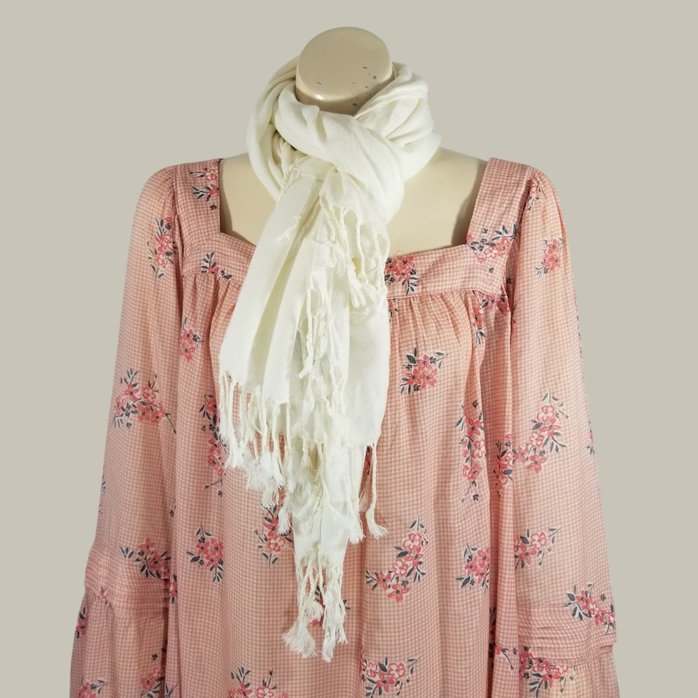Cashwear Scarf Wrap Minimalist Boho Chic Pashmina Style Fringe Trim Cream White